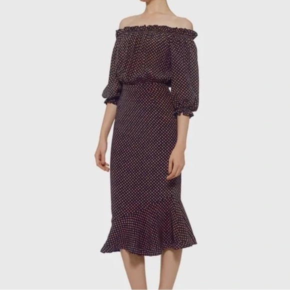 SALONI GRACE DRESS OFF SHOULDER NAVY BLUE ORANGE POLKA DOT MIDI WOMENS SZ 2 - Picture 1 of 10